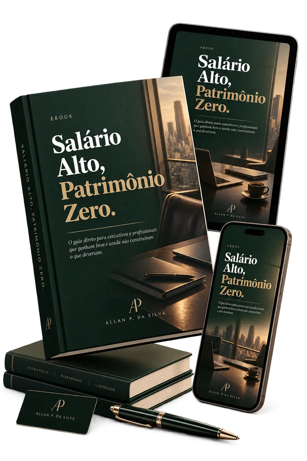 Mockup do guia Salário Alto, Patrimônio Zero em livro, tablet e celular